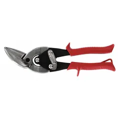 Straight-cutting aviation snip with steel blades and a plastic handle. Overall length of 9 3/4 in and cutting length of 1 1/4 in. Used for cutting 18 ga cold rolled steel and stainless steel in HVAC ductwork, metal fabrication, and automotive repair.