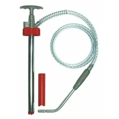 This down-stroke drum pump features a steel housing and Buna-N seal material, delivering 2 oz per stroke. It includes a hose and nozzle for dispensing fluids from drums or barrels. Suitable for transferring non-corrosive liquids such as oils and lubricants in industrial and automotive settings.