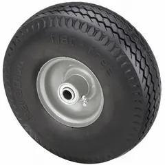 Flat-free polyurethane foam wheel with a steel hub. Wheel diameter 10 5/16 in, width 3 1/4 in, hub length 4 in. Tire sidewall number 4.10/3.50-4. Suitable for industrial carts, dollies, and light-duty material handling equipment where puncture-proof performance is required.
