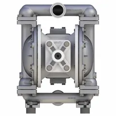 This air-operated double diaphragm pump features a 1 1/2 in Tri-Clamp connection and delivers up to 45 gpm. It is constructed with PTFE check valves, stainless steel seats, and PTFE diaphragms with Buna backing. Suitable for fluid transfer in sanitary processes requiring FDA compliance.