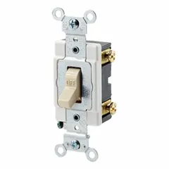 Single-pole maintained toggle switch rated 20 A at 120/277 V AC. Non-illuminated ivory finish. For flush mounting in standard wall boxes to control lighting or other loads from one location.