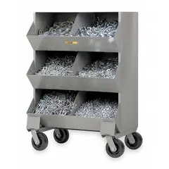 Mobile stacking bin unit with 6 compartments, constructed in gray. Equipped with casters for mobility. Suitable for organizing and transporting parts, tools, or supplies in industrial facilities, warehouses, and workshops.
