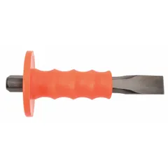 Steel cold chisel with a 3/4 in blade width and 7 in overall length. Features a plain grip and includes a handguard for user protection. Used for cutting, shaping, and removing metal, concrete, or masonry in industrial maintenance, fabrication, and construction.