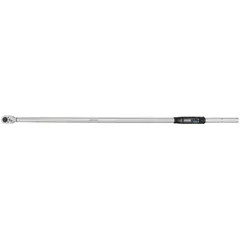 Standard-head electronic torque wrench with a range of 55 to 1,106 ft-lb, also measuring in Newton-meters. Features a ratcheting head, audible and visual indicators. Includes NIST and TAF certification. Used for precise torque application in assembly, maintenance, and repair of machinery and equipment.