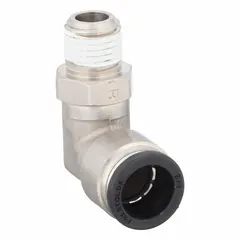 Nickel-plated brass elbow fitting with push-to-connect and male NPTF ends. Connects 1/2 in OD tubing to 1/4 in pipe threads. Silver finish. Used in pneumatic and fluid systems for tool-free assembly.