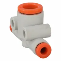 This SMC push-fit tee fitting is made of white polybutylene terephthalate and has three ports: two 1/8 in OD and one 1/4 in OD. It is used to create a 3-way branch in pneumatic tubing lines, enabling quick, tool-free connections for air systems in automation and material handling applications