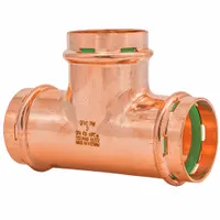 Copper or bronze press tee fitting with EPDM O-ring and seal window for visual installation verification. Sized at 2 in CTS x 2 in CTS x 2 in CTS. Used in copper plumbing systems to create branch connections at pipe junctions for potable water and hydronic heating applications