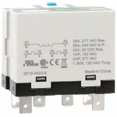 Socket-mounted relay from the Harmony 725 Power Series with a square base and plug-in mounting. Features a 24V DC coil, DPST-NO contact configuration, and 25 A rating at 240V AC (resistive load). Electrical connection via quick-connect terminals. Suitable for switching high-current loads in industrial control panels and automation equipment.