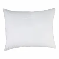 This white vinyl pillow encasement measures 27 inches in length and 21 inches in width, fitting standard pillows. It provides a protective barrier against dust, moisture, and wear, suitable for hospitality and residential use