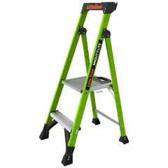 This 4 ft fiberglass platform stepladder has a 300 lb load capacity and weighs 14 lb. The non-conductive fiberglass construction provides electrical safety for maintenance and repair tasks near live circuits. It includes a plastic top with storage for holding tools and materials.