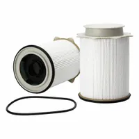 Cartridge diesel fuel filter with plastic media material. Outside diameter 4 1/4 in, overall length 14 5/16 in. Designed for use in diesel fuel systems of Dodge vehicles to remove contaminants and protect engine components