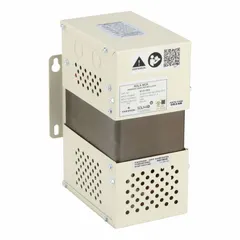 Single-phase panel-mount power conditioner with 250 VA apparent power rating and 250 W output. Accepts 120 to 600V AC input and delivers 110 to 240V AC output at up to 2.1 A. Hardwired wiring and plug configuration. Suitable for regulating and conditioning AC power to sensitive electronic equipment in industrial settings.