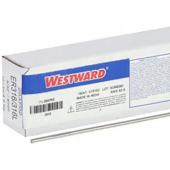Stainless steel filler rods for TIG welding of 316 and 316L base metals. Each rod measures 5/32 in diameter by 36 in length, packaged in a 10 lb box. As-welded tensile strength is 86 ksi with a yield strength of 58 ksi.