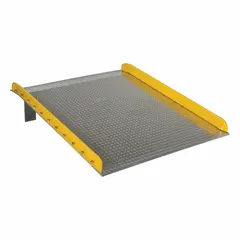 Aluminum dock board with diamond treadplate surface. Overall length 72 inches, width 60 inches. Bridges gap between loading dock and truck or railcar for forklift and pallet jack access.