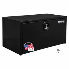 This single drop-down door box from BUYERS PRODUCTS is designed for secure underbody storage on trucks. It features a black finish, a keyed lock for security, and a 24-inch overall depth. Suitable for organizing tools and equipment in fleet and vehicle maintenance applications.