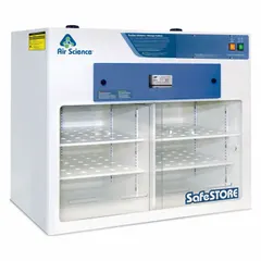 This fully assembled filtered storage enclosure has a 34-inch overall width and includes an integrated blower for ventilation. It is designed for storing chemicals or other materials that require filtered air circulation without external ducting. No base, stand, or work surface is required.