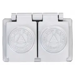 Malleable iron weatherproof cover for duplex receptacles, designed for FD/FS boxes. Gray finish, 1-gang, horizontal mounting orientation. Compatible with FD series duplex covers. Protects outlets in outdoor or industrial environments.