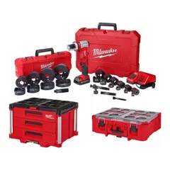 This cordless knockout punch kit operates on 18V DC and includes a 2.0 Ah battery and charger. It punches holes up to 4 inches in steel with a maximum thickness of 14 gauge. The kit comes with one 3-inch die. Typical applications include cutting clean holes in electrical panels, enclosures, and for conduit installation.