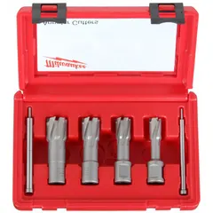 This annular cutter set includes a carbide-tipped cutter with a diameter of 11/16 in and a maximum cutting depth of 1-3/8 in. The bright (uncoated) finish and Weldon Flat shank are suited for use with portable magnetic drill presses. The set is designed for cutting holes in metal workpieces such as structural steel, plate, and pipe.