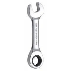 Alloy steel construction with a chrome finish. 13 mm head size, 12-point ratcheting box end, and open end. Overall length 4 1/8 in. Suitable for tightening or loosening fasteners in confined spaces.