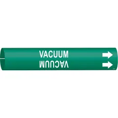 Pipe marker for vacuum piping systems. Green background with white legend reading 'Vacuum' and directional arrows. Fits pipe outer diameters from 2-1/2 to 3-7/8 inches. Single marker included for identifying pipe contents and flow direction.