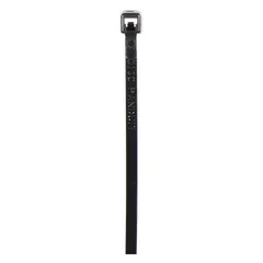 Black nylon cable tie with 8-inch length, 0.1-inch width, and 2-inch maximum bundle diameter. Rated for outdoor use. Suitable for bundling and securing wires and cables in general industrial, telecommunications, and electrical installations. Supplied in a 100-piece pack.