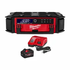 This M18™ radio kit includes one battery and one charger, providing AM/FM, auxiliary, Bluetooth®, and USB audio playback. It operates on 18V DC and is UL Listed. Suitable for use on construction sites and in industrial environments where portable audio is needed.