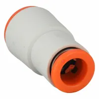 Brass push-to-connect fitting for joining 5/16 in OD and 3/8 in OD polybutylene or brass tubing. Enables tool-free installation in pneumatic systems for air lines, instrumentation, and fluid transfer applications