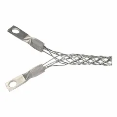 Double-eye cable mesh support for securing and strain-relieving cables with diameters from 0.53 in to 0.73 in. Galvanized steel construction with 6 1/2 in mesh length and 450 lb breaking strength. Used in cable tray systems and industrial electrical installations to prevent pull-out and maintain organized routing.