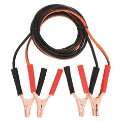 This clamp jumper cable features 8 AWG wire gauge and a 12 ft length for connecting batteries during jump-starting. The spring clamp grip jaws provide secure attachment to battery terminals, and the crimped connection ensures reliable conductivity. The black cable jacket with orange accents offers visibility and durability.
