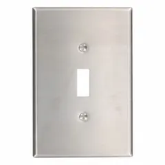 General purpose wall plate for toggle switches. Constructed of stainless steel for corrosion resistance. 1-gang jumbo size. Suitable for residential, commercial, and industrial applications.