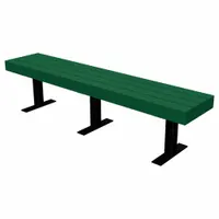This ULTRASITE Trailside bench is constructed from vandal-resistant resinwood with a green seat and black frame. It has an overall length of 48 inches and height of 17 1/4 inches, designed for in-ground installation. Suitable for parks, trails, and public spaces requiring low maintenance and resistance to weather and vandalism