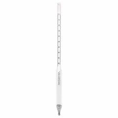 Glass hydrometer with a specific gravity range of 1.000 to 1.400 and scale divisions of 0.01. Accuracy is +/-0.005 for specific gravity and +/-0.5° for Baume. Used for measuring specific gravity and Baume values of liquids in industrial fluid analysis, such as chemical mixing and quality control.