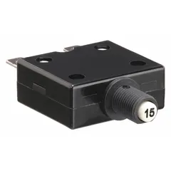 This push button style miniature circuit breaker is designed for front panel mounting with a 3/8 in collar and 2.31 in depth. Rated 15 A at 125/250V AC and 32V DC, it features 1/4 in tab terminals for overcurrent protection in control panels and power distribution systems.