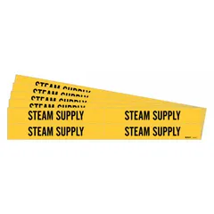 These adhesive pipe markers identify steam supply lines in piping systems. The yellow background with black legend meets standard color coding for steam service. Each marker fits pipe outer diameters from 3/4 to 2-3/8 inches. Sold in a pack of 4 markers, with 5 packs per order.