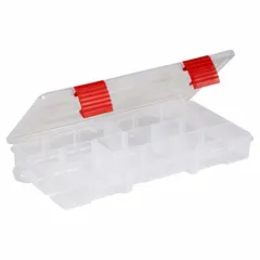 This clear plastic compartmented box features 9 compartments and 4 adjustable dividers for customizing storage space. It is suited for organizing small components such as fasteners, beads, or craft items in workshops, garages, and assembly areas. The transparent body allows quick visual identification of contents.