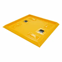 Railroad track berm for spill containment during railcar loading and unloading. Made of PVC, measuring 4 in x 4 in x 3 in, with a 29.5 gal spill capacity. Helps contain spills in industrial rail yards.