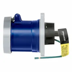 This LEVITON pin and sleeve receptacle is washdown-rated for use in wet or washdown environments. It provides 120/208V AC three-phase power at 100 A with 4 poles and 5 wires. Typical applications include industrial machinery, food processing plants, and outdoor equipment requiring a water-resistant electrical connection.