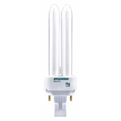 This 18-watt T4 compact fluorescent lamp features a double twin-tube design with a 2-pin G24d-3 base. It produces 4100K cool-white light and is dimmable, making it suitable for general illumination in commercial and industrial settings such as offices, retail spaces, and warehouses.