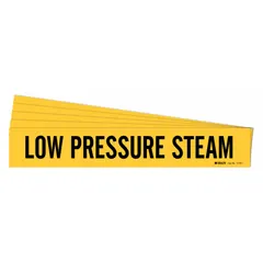 Yellow adhesive pipe marker with black 'Low Pressure Steam' legend. Fits pipe outer diameters from 2-1/2 to 7-7/8 inches. Sold in a 5-pack without arrows. Used to identify low-pressure steam piping in industrial facilities.