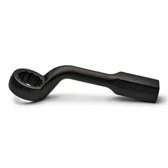 Black-finished steel striking box end wrench with 12-point offset handle. Head size 2 3/16 in, head thickness 1 3/8 in, overall length 13 1/2 in. Designed for heavy-duty bolting where high torque is applied via hammer strikes on the striking face.