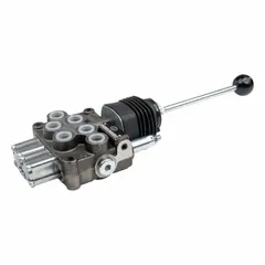 This four-way, three-position manual spool monoblock valve features a tandem center spool configuration and spring-centered return to neutral. It is used for directional control in hydraulic systems, allowing pump flow to return to tank when the valve is in the neutral position.