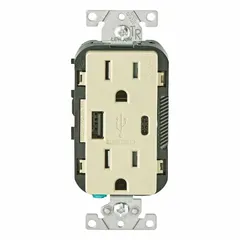 This duplex weather-resistant receptacle combines two 5-15R outlets rated 125V AC and 15 A with integrated USB Type A and Type C charging ports. The ivory finish and weather-resistant construction make it suitable for indoor and outdoor applications where standard AC power and device charging are needed, such as kitchens, offices, and hospitality settings.