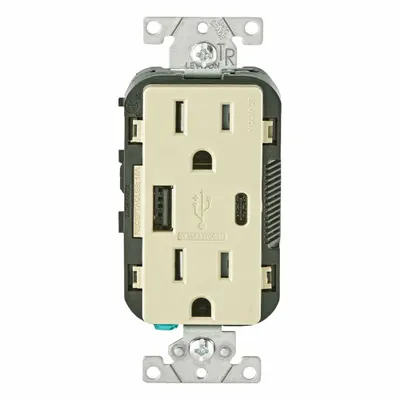 LEVITON Receptacle: Duplex, 5-15R, USB Type A/C, Ivory, 125V AC - Weather-Resistant Receptacles with USB Chargers