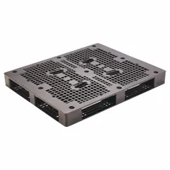 Black plastic stackable pallet with 48 in length and 40 in width. Compatible with forklifts and wire/mesh decking racking. Static load capacity of 30,000 lb. Suitable for warehouse storage and material transport.
