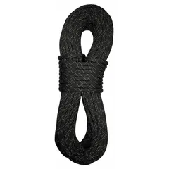 Static kernmantle rope with heat and water resistance. 3/8 in diameter, 200 ft length, 595 lb working load limit. Suitable for rescue, rope access, and confined space operations requiring low stretch.