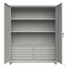 Stationary steel cabinet with welded construction, legs base, and one adjustable shelf. Features a swing handle and padlock hasp for security. Finished in gray baked enamel with 14 ga panel thickness. Suitable for storage of tools, parts, and equipment in workshops and warehouses.