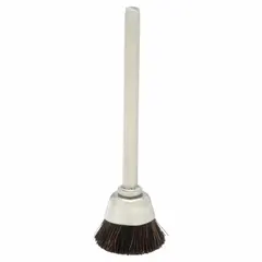 Cup brush with crimped horse hair fill for buffing and polishing all metals. Features a 9/16 in brush diameter, 1/8 in shank, and 0.005 in fill diameter. Suitable for light deburring, cleaning, and finishing on small parts and intricate surfaces.
