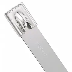 This 304 stainless steel cable tie from PANDUIT has a nominal length of 23 1/2 inches and a 0.63-inch width, accommodating a maximum bundle diameter of 6 inches. The retained tension locking style secures cables in harsh environments. Pack of 50, silver color.