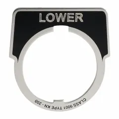 Half-round push-button ring and plate for 30 mm panel mounting. Metallic aluminum construction with black background, silver notch, and English text in lower legend position. Dimensions: 1 3/4 in overall height by 1 5/8 in overall width. Used for labeling control stations in industrial machinery and automation panels.
